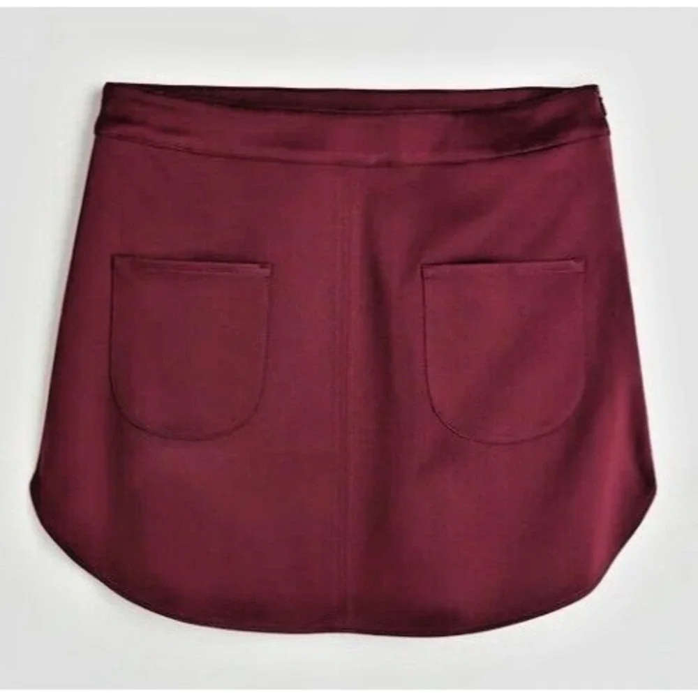 H&M | Womens SZ 14 Skirt Burgundy Satin | Mini Pencil Front Pockets Side Zipper‎